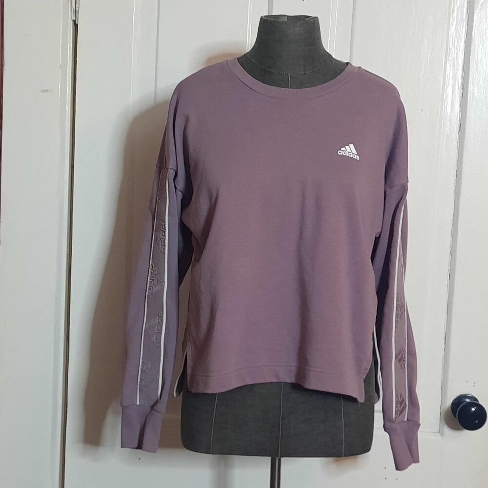 Adidas Plum Boxy Crop Pullover Athleisure Sweatshirt Logo Sleeves Side Slits EUC